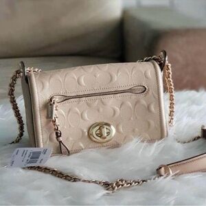 Coach Beige Signature Crossbody Convertible Chain Flap Turnlock Bag